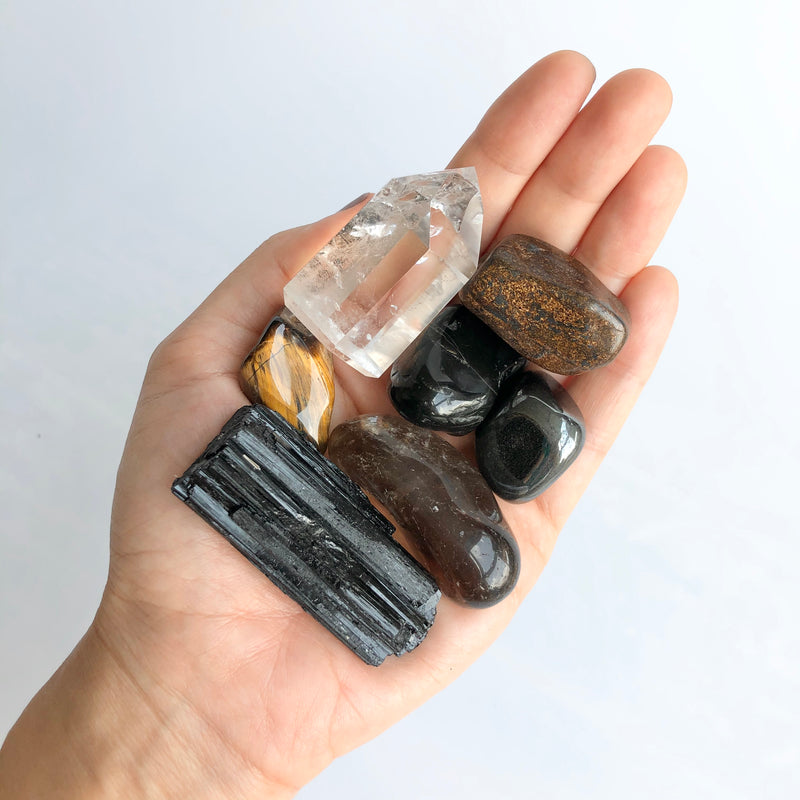 Black tourmaline Protection Set with grounding stones and clear Quartz point